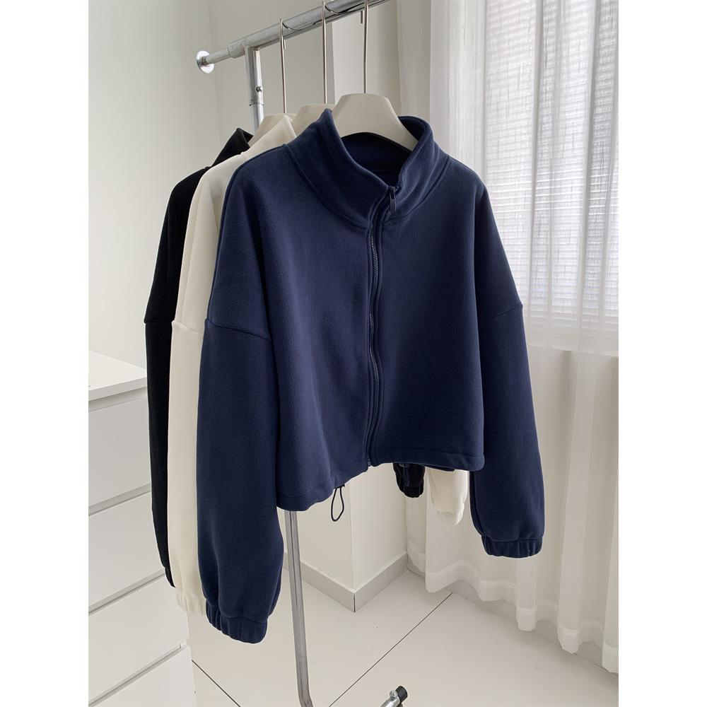 加厚保暖摇粒绒卫衣外套女简约韩版立领拉炼开衫秋冬加绒短款上衣