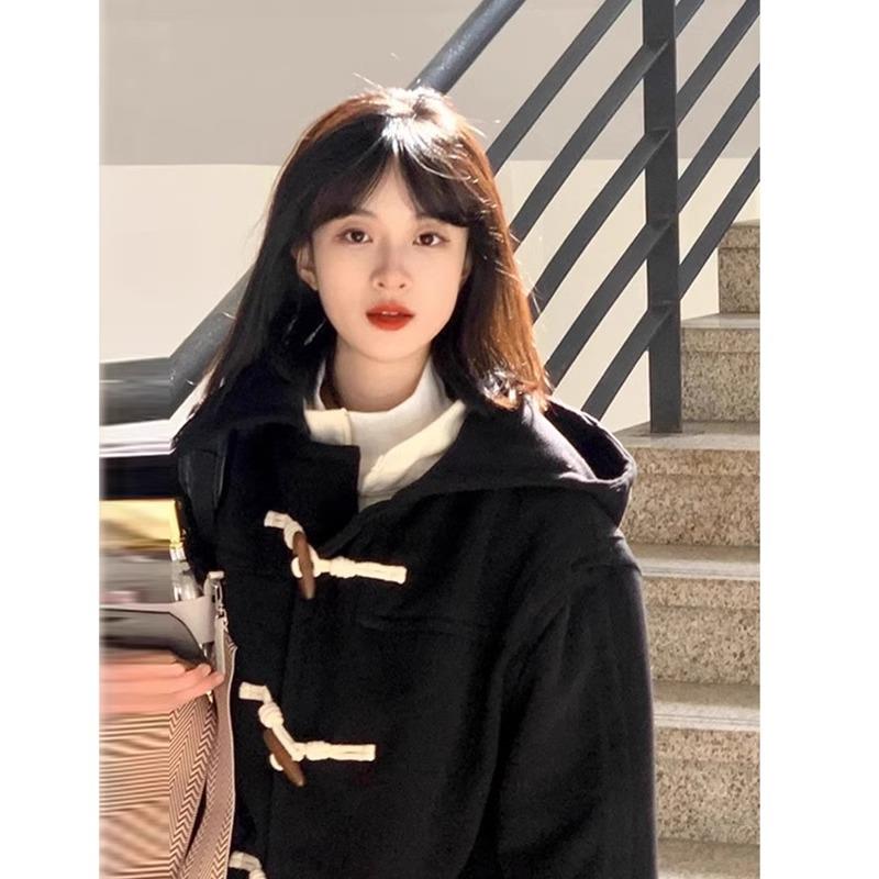 连帽牛角扣羊毛呢子大衣女2025冬季新款学院风毛呢外套小个子加厚
