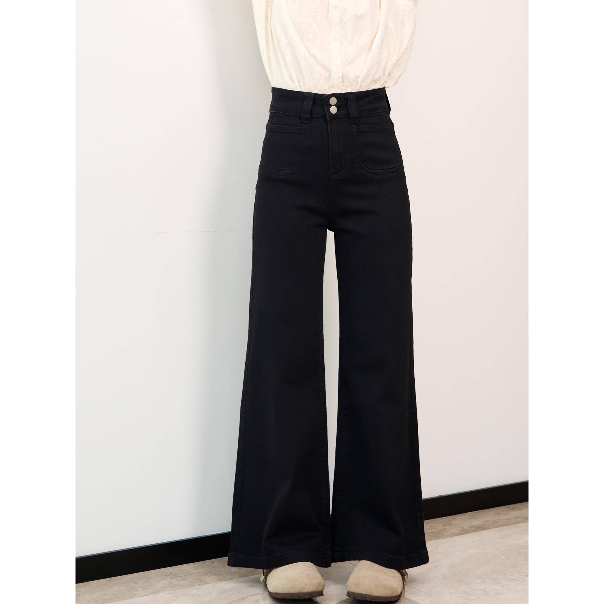 黑色不贴腿直筒微喇牛仔裤女秋超高腰宽松显瘦梨形身材窄版喇叭裤