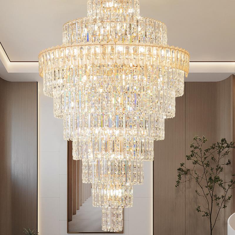 轻奢别墅复式楼客厅大吊灯中山灯饰loft中空跃层高端奢华K9水晶灯