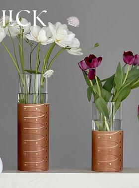 click夏克盒木皮玻璃直筒花瓶摆件新中式高款家用商用装饰复古