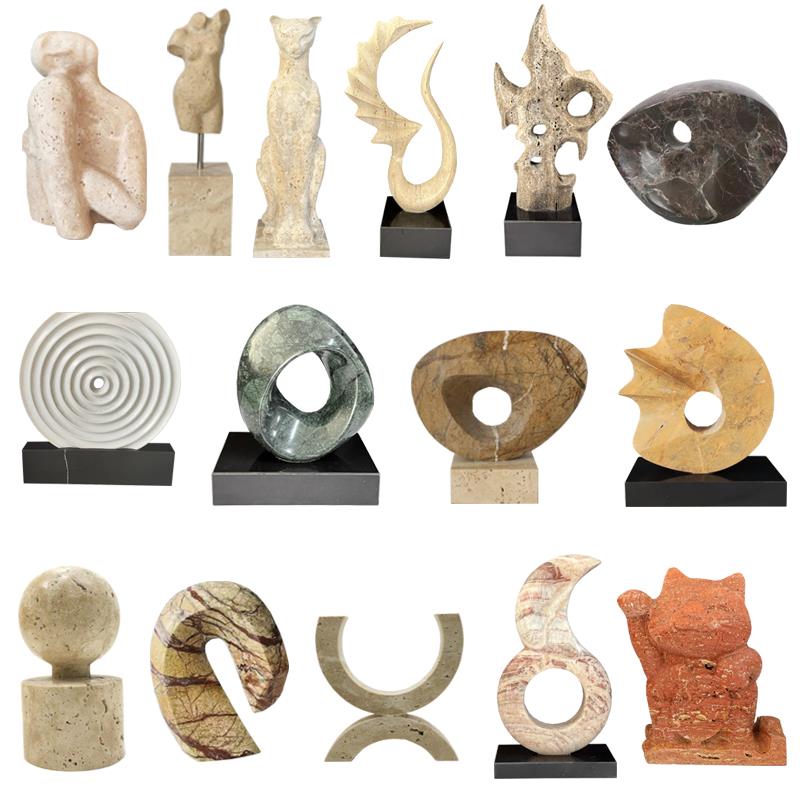 现代简约天然大理石黄洞石人体动物几何抽象雕塑摆件样板间装饰品