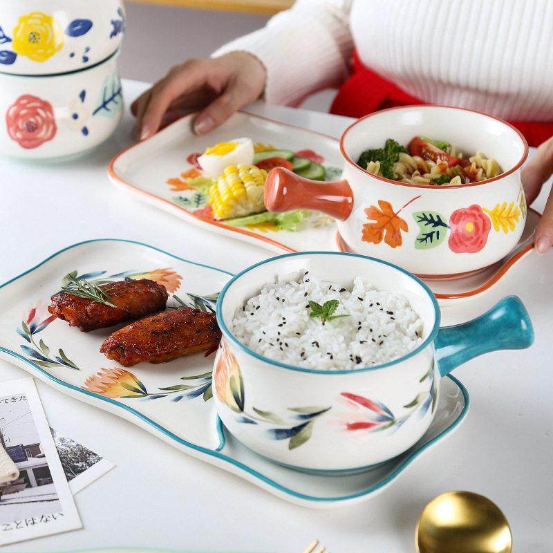 四季早餐手柄碗早餐碟一人食餐具陶瓷创意手绘沙拉碗米饭碗麦片碗,餐饮具,餐用托盘,淘宝优惠券,粉丝福利购,淘宝优惠卷