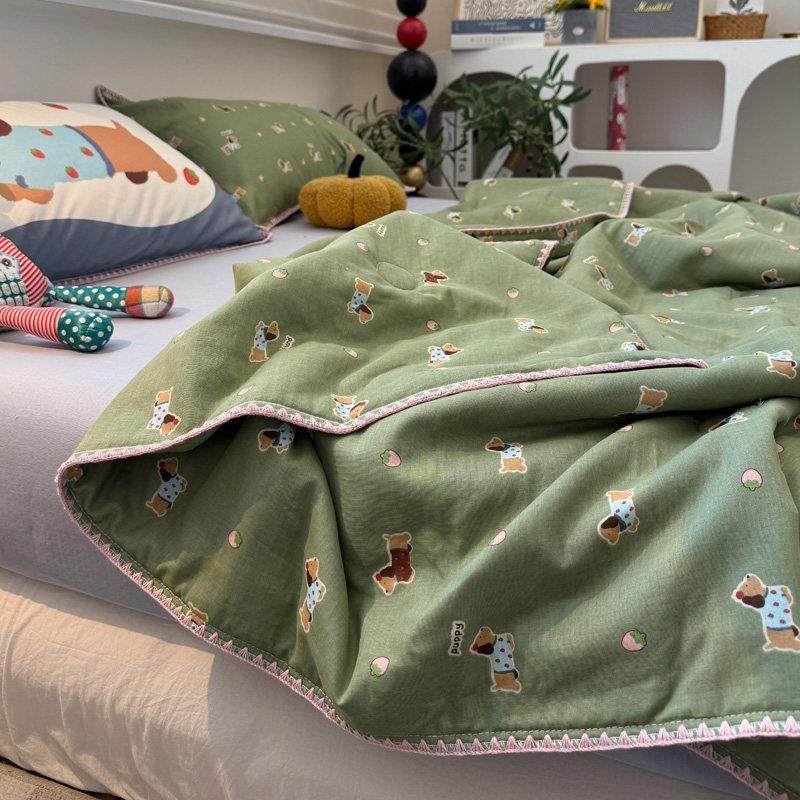 卡通风草莓狗狗全棉双层纱夏凉被四件套单人宿舍夏被空调被薄被子,床上用品,化纤被,淘宝优惠券,粉丝福利购,淘宝优惠卷