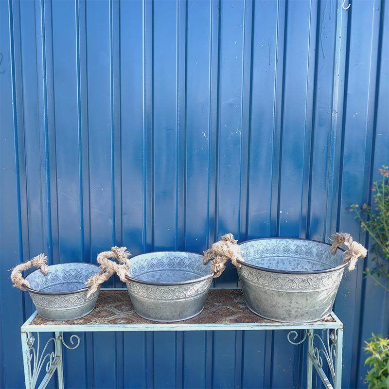 笨笨园艺 欧式复古 铁艺浮雕双耳麻绳圆盆 铁皮盆 球根 组盆