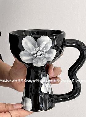Oranges复古黑釉雾花手作杯vintage中古高脚杯陶瓷马克杯咖啡杯子