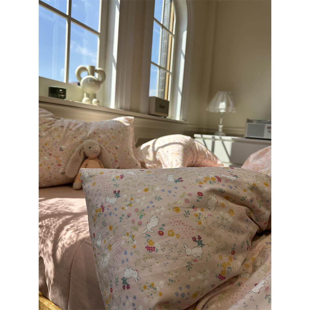 韩系可爱花园粉小兔双层纱床上四件套全棉1.5m1.8公寓被套三件套