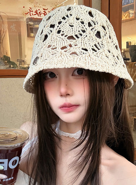 镂空针织渔夫帽女夏季日系甜美百搭海边沙滩帽户外透气薄款水桶帽