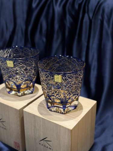 KAGAMI日本江户切子蓝雏菊杯手工制做洋酒杯水晶杯威士忌杯玻璃杯