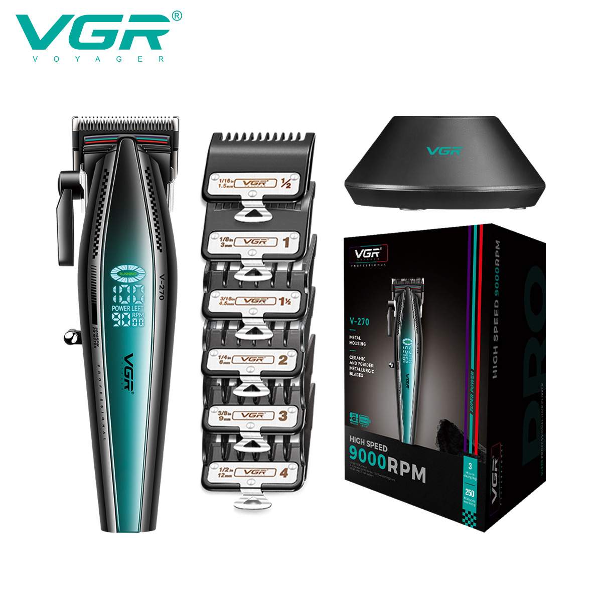 VGR270跨境新款理发器数显电动雕刻大功率带底座充电专业男士推子