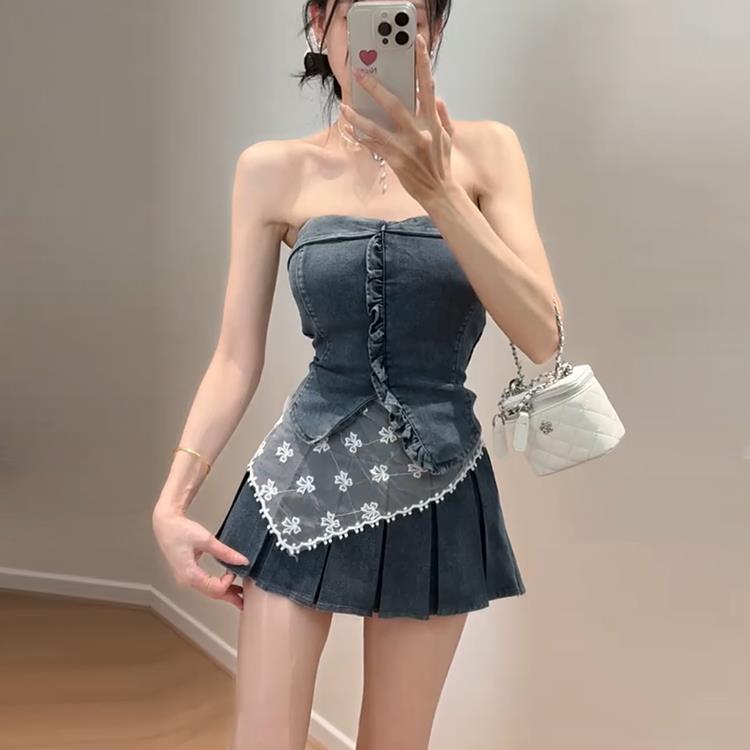 辣妹牛仔套装裙御姐纯欲气质显瘦木耳边抹胸上衣女高腰短裙三件套