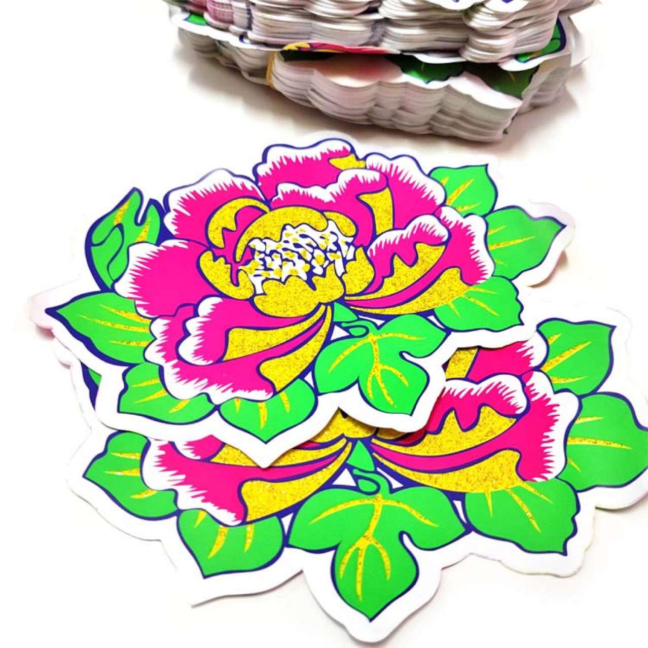 潮汕纸扎用品配件 ?贴纸彩色纸花 装饰贴画烫金铜版纸牡丹装扮纸图片