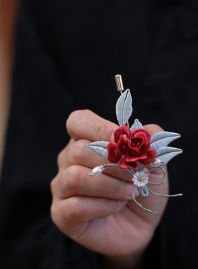 红色玫瑰花缠花胸针结婚衣服配饰