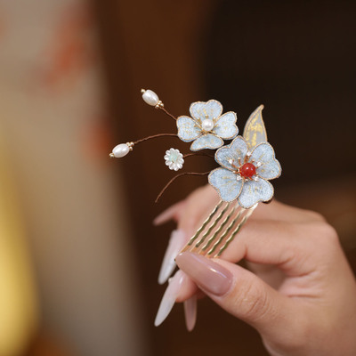 古风儿童浅蓝色花朵发梳汉服发簪