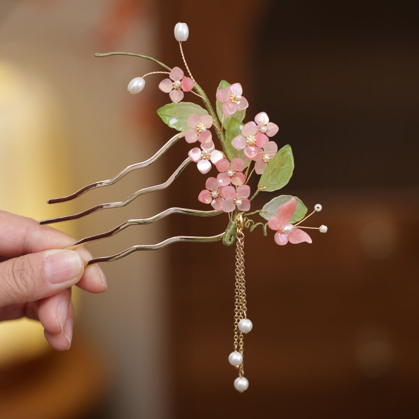 古风粉樱花发簪四齿插梳汉服头饰图片