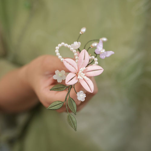 古风粉色缠花发夹汉服头饰后脑勺