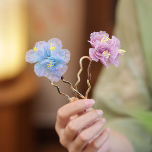 u型发簪古风女童蓝色娟纱花朵发髻簪子日常百搭插梳发钗海边发饰