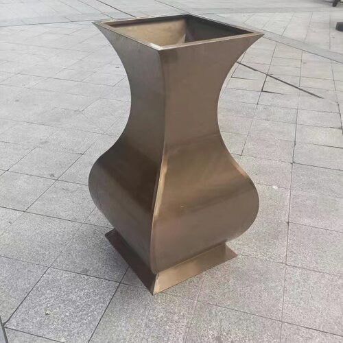 客厅服装店展厅不锈钢本色拉丝圆形花盆花钵酒店门厅展示花器定制
