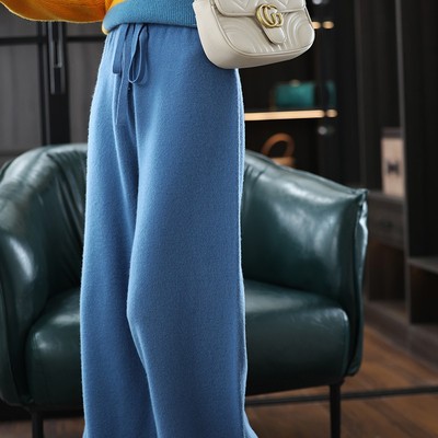 100纯山羊绒裤子女秋冬季新款休闲宽松高腰直筒垂感针织阔腿裤