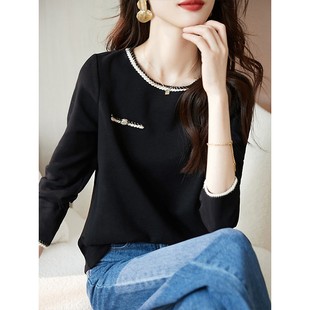 打底衫 春秋气质小香风设计感法式 潮 T恤女2025新款 欧洲站正肩长袖