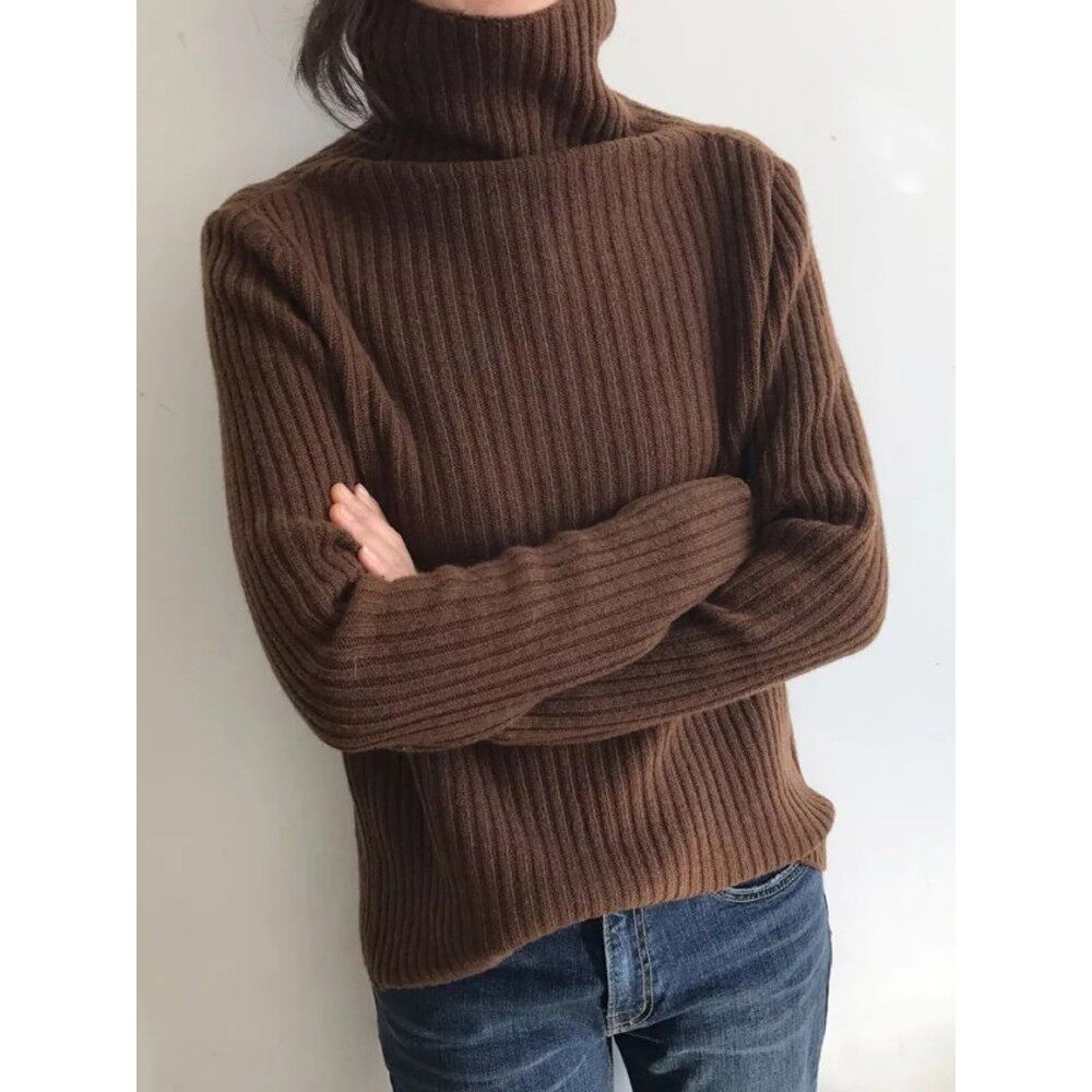 高领坑条咖啡色100纯山羊绒衫女秋冬季加厚针织打底欧货高端毛衣