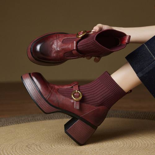 7CM 英伦风厚底复古针织弹力袜靴女25秋冬新款粗跟皮带扣高跟短靴