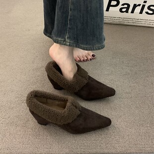 香港内增高保暖加绒单鞋女冬季2025新款气质复古高跟乐福鞋毛毛鞋
