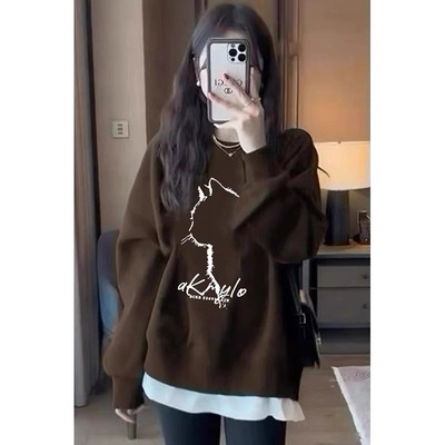 欧洲站高级感圆领假两件卫衣女2025新款爆款春秋冬季加绒长袖上衣