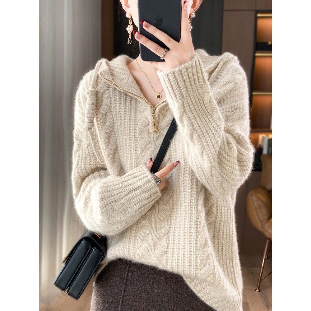 连帽半拉炼100纯山羊绒衫女秋冬季粗线麻花加厚宽松慵懒带帽毛衣,女装/女士精品,毛针织衫,淘宝优惠券,粉丝福利购,淘宝优惠卷