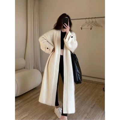 秋季长款针织衫女纯山羊绒衫欧货高端加厚冬开衫宽松慵懒毛衣外套