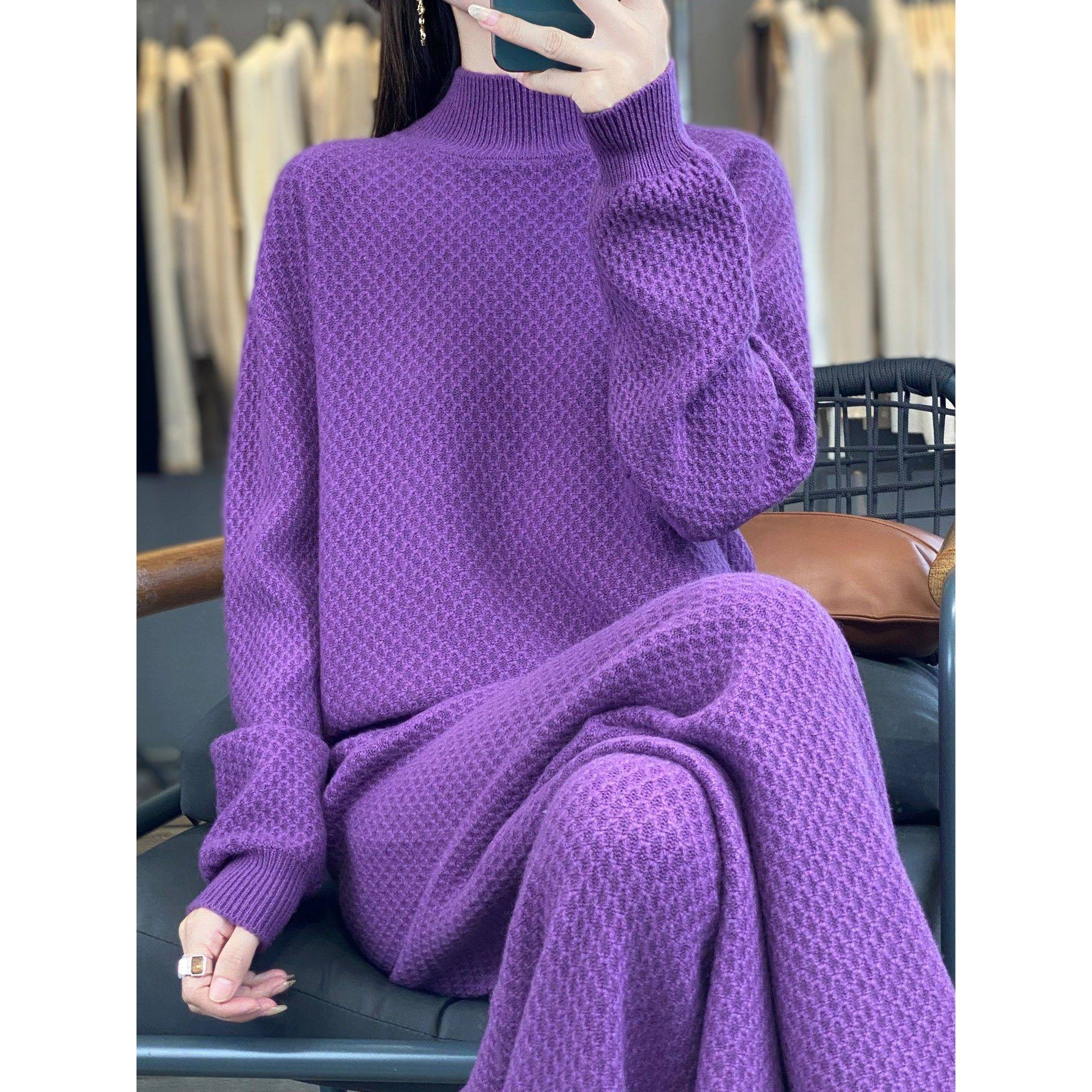 2025冬季休闲针织套装女纯山羊绒衫欧货秋冬加厚毛衣阔腿裤两件套