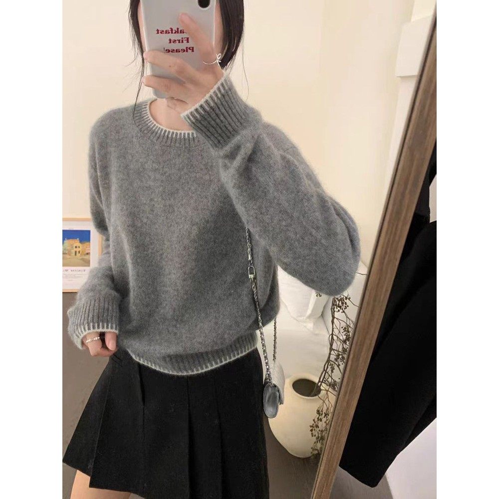 拼色圆领100纯山羊绒衫女冬季新款软糯欧货高端针织打底毛衣百搭