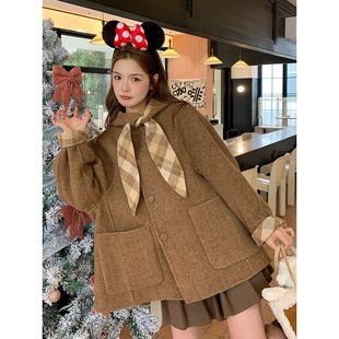 双面兔耳羊绒女大衣2024冬季 甜美格纹小斗篷 新韩式