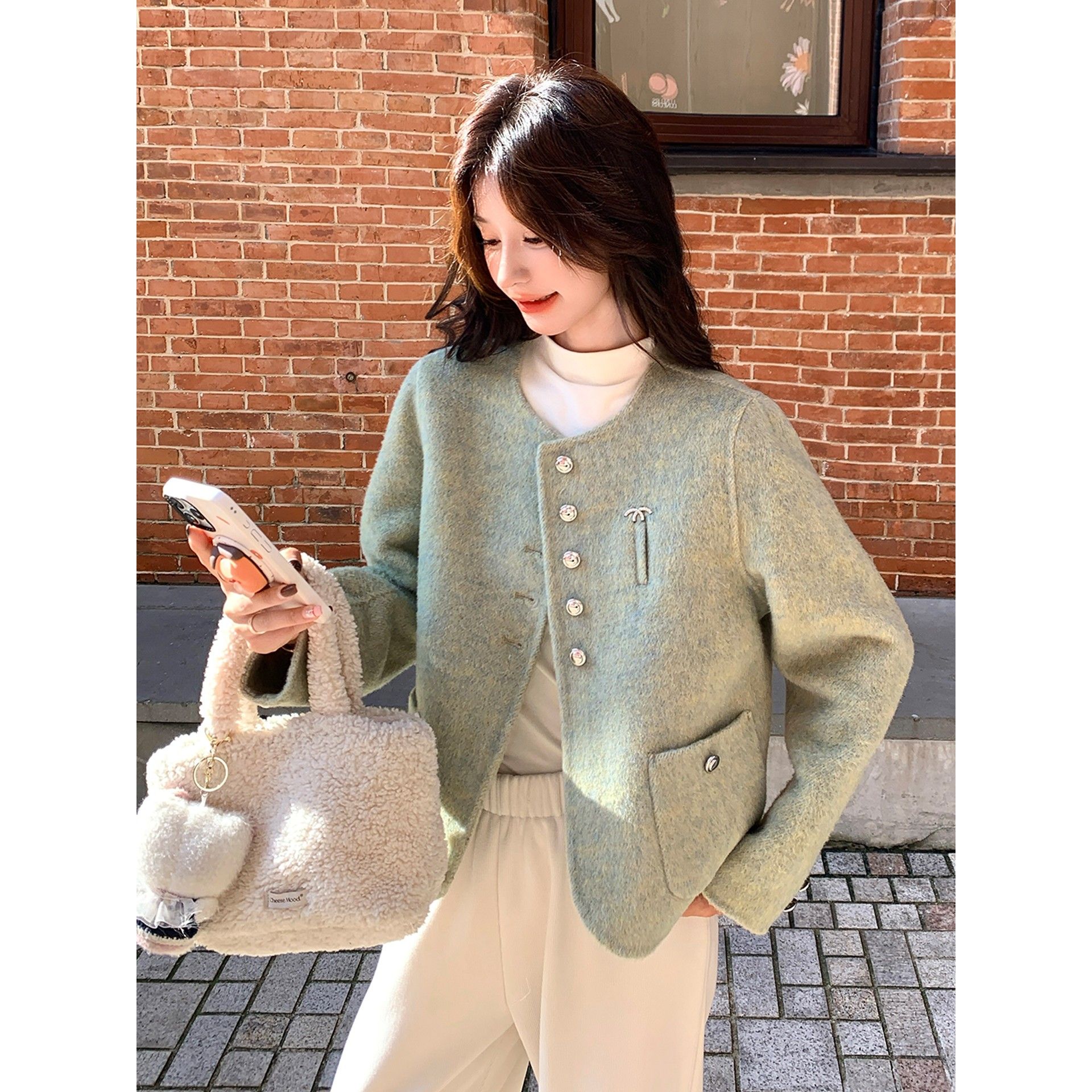 绿色小香风双面羊绒大衣女2025秋冬新款法式漂亮小个子短毛呢外套