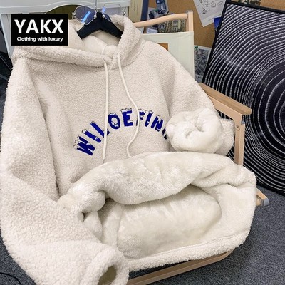 高端羊羔毛加绒加厚连帽卫衣男士秋冬季2025新款特厚毛绒外套男款