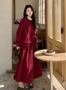 新中式国风红色厚棉T套装裙女2025春季新款设计感上衣半身裙两件