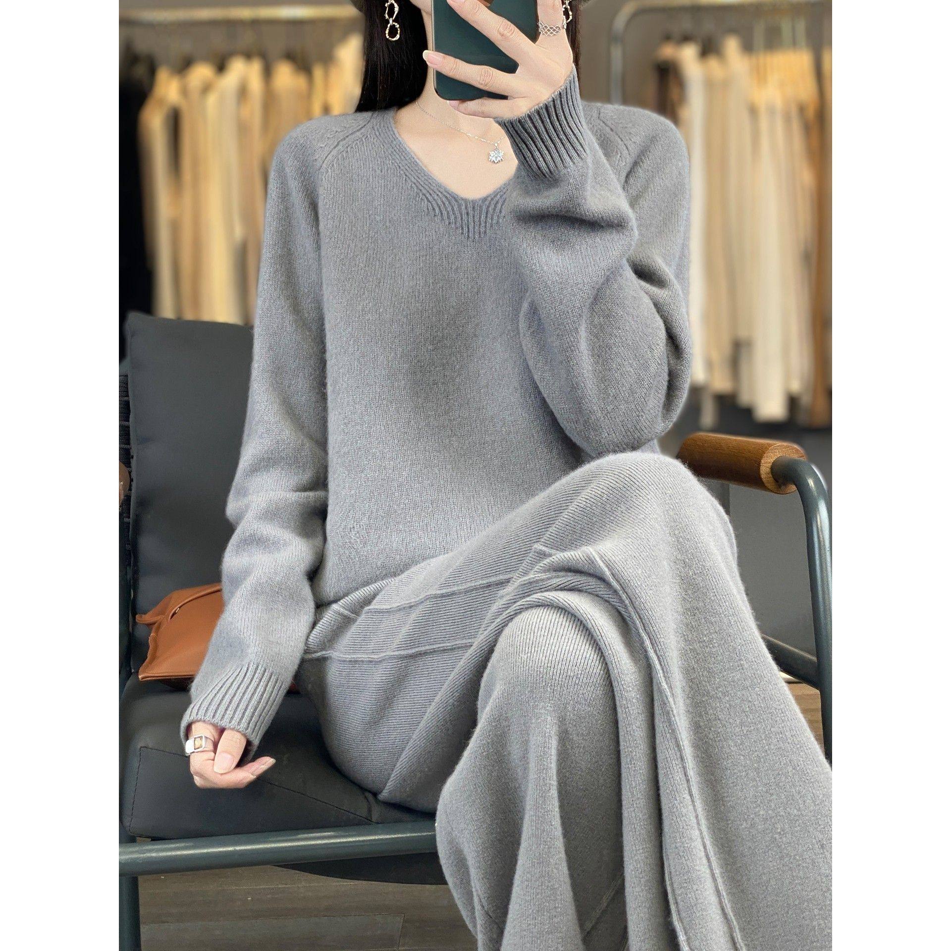 2025秋季V领针织套装女纯山羊绒衫秋冬休闲毛衣阔腿裤长裤两件套