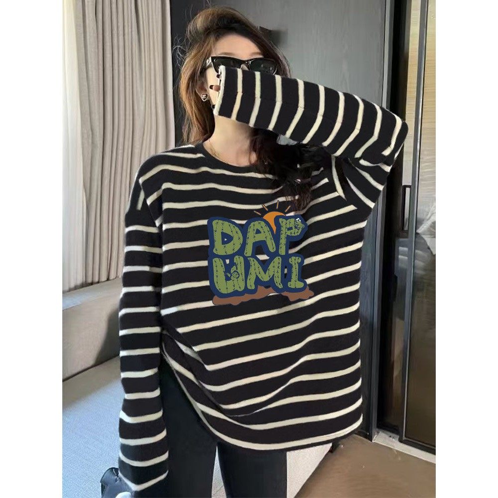 韩国条纹设计感纯棉圆领长袖t恤女宽松时尚百搭减龄上衣春秋季潮