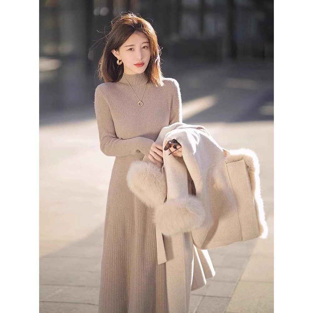 XZOXZO秋冬毛衣裙女长款过膝小个子配大衣的内搭长袖半高领连衣裙