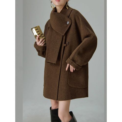 2025秋冬新款气质宽松棕色羊毛呢外套可拆卸围巾领双面呢大衣女潮
