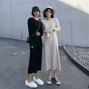 欧洲站法式 高级感egg配大衣长裙子针织毛衣裙过膝显瘦连衣裙秋冬