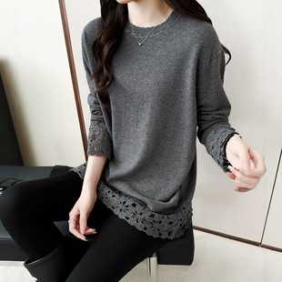 打底衫 秋冬新款 宽松上衣长袖 羊毛针织衫 毛衣女 镂空蕾丝圆领中长款