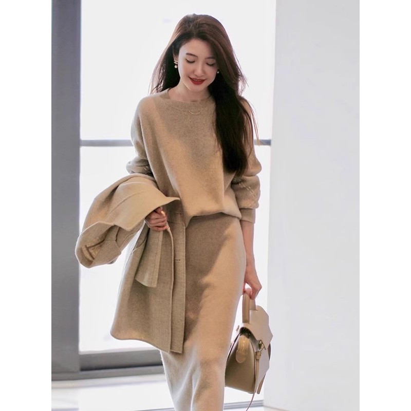 Xzoxzo名媛王室姐妹时尚针织两件套秋季新覆古宽松毛衣裙套装