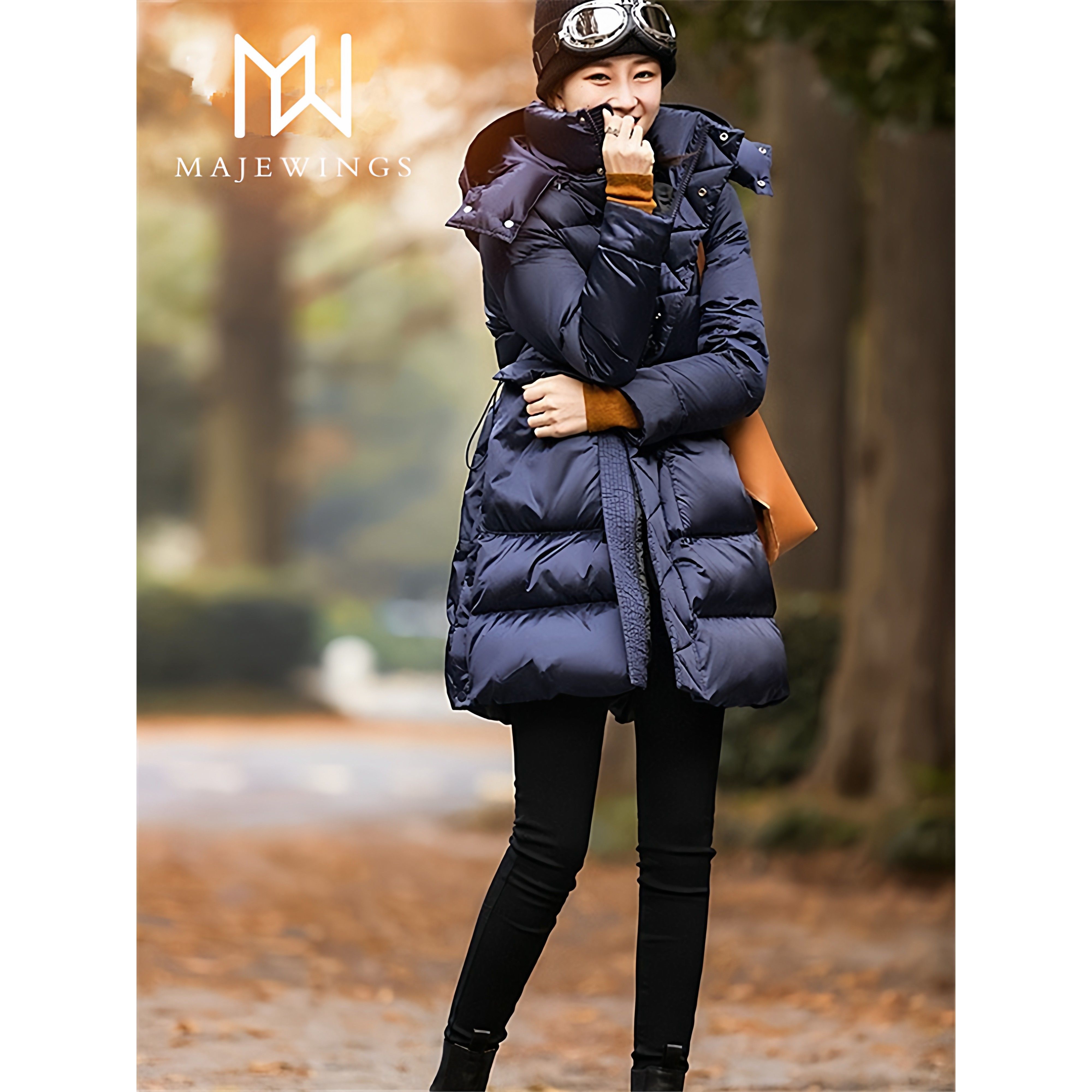 专柜正品冬季中长款加厚95白鹅绒羽绒服女收腰显瘦连帽外套面包服