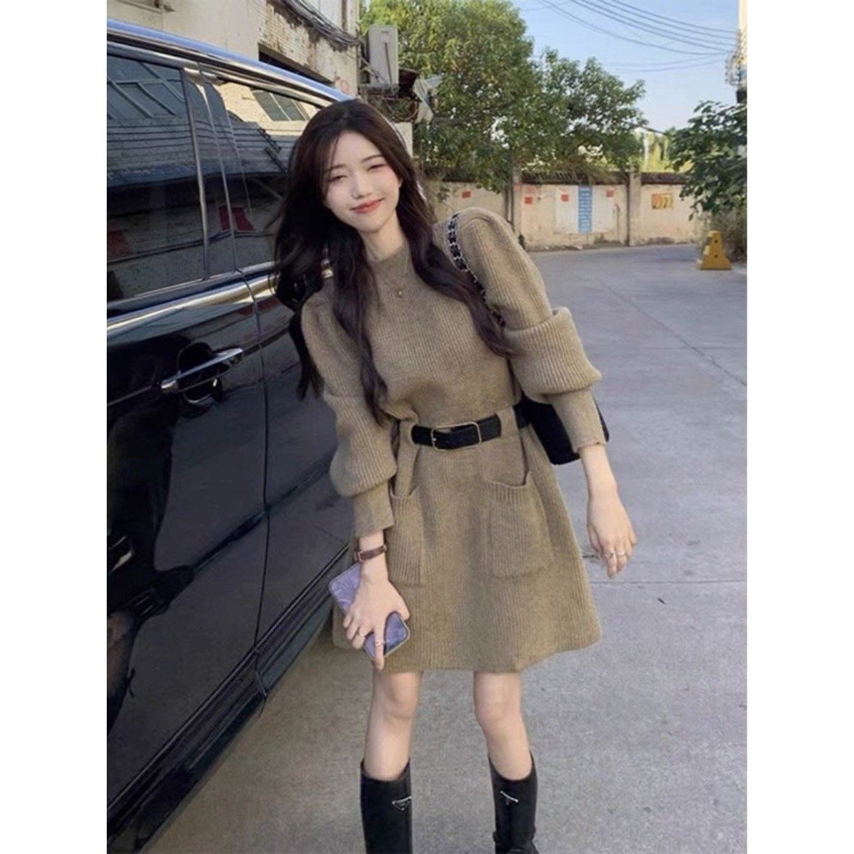 欧洲站秋冬别致洋气高级感茶歇赫本风小众系带收腰显瘦针织连衣裙,女装/女士精品,连衣裙,淘宝优惠券,粉丝福利购,淘宝优惠卷