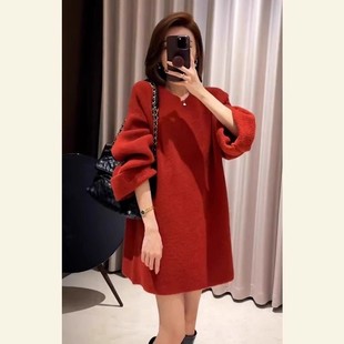 XZOXZO过年喜庆衣服新年战袍订婚年会礼服红色针织毛衣洋装秋冬