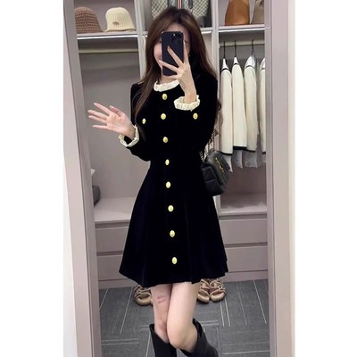 欧洲站法国天鹅绒连衣裙秋季服装小女人生日聚会黑色赫本风格的高