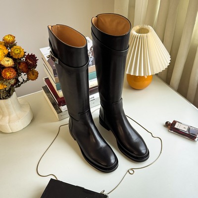 须臾秋冬真皮高筒骑士靴女粗跟锁扣斜口大筒围显瘦长靴单靴子4041