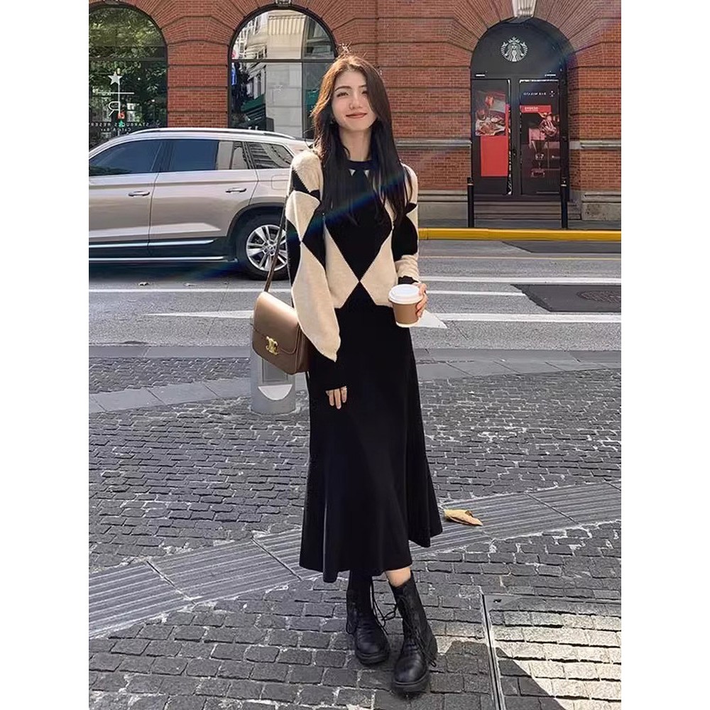 XZOXZO2025秋冬季港风覆古chic职业毛衣高级感时装裙子两件套装裙