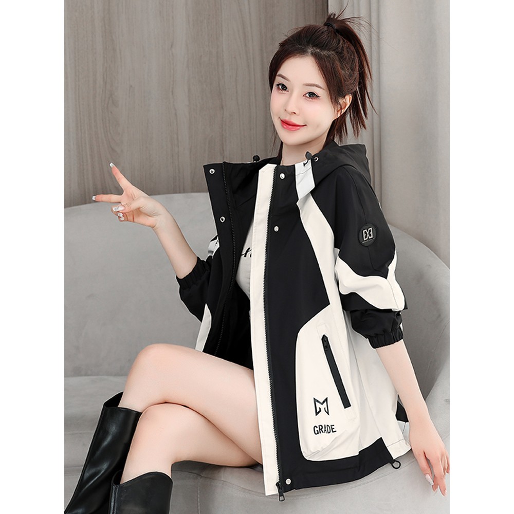 韩国2025新款休闲宽松冲锋衣短款连帽拼接撞色工装运动外套女上衣